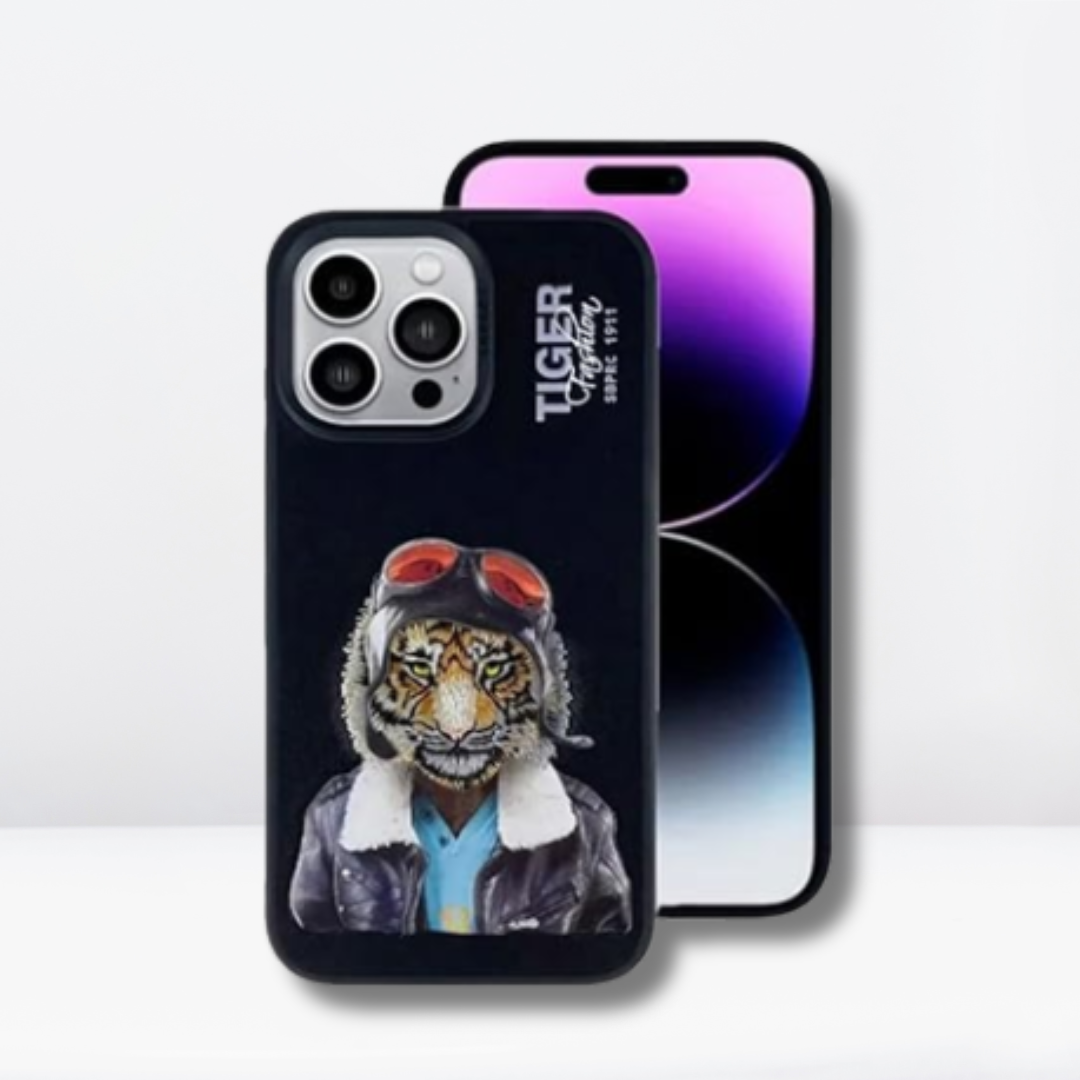 Fergus Series Embroidered Tiger Luxury Faux Leather for iPhone 14 Pro Max