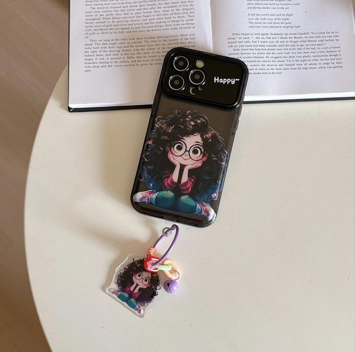Happy Cartoon Girl iPhone Case – Soft Silicone + TPU Cover with Mirror Kickstand & Keychain