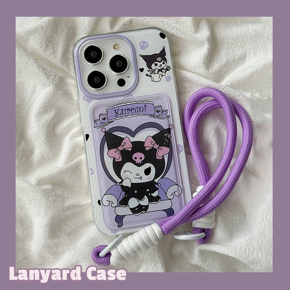 Kuromi Lanyard Card Holder iPhone Case – Cute Purple Silicone Wallet Cover