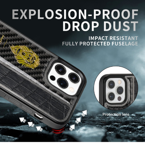 Luxury Lion Carbon Fiber Case with Crocodile Texture & Gold Detailing for Samsung Galaxy S23 Ultra