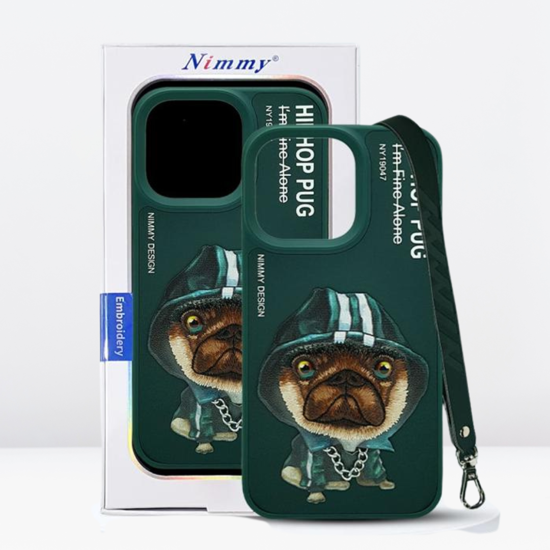 Nimmy Hip-Hop Pug 3D Embroidery Case for iPhone 13 Pro/ 13 Pro Max (Dark Green)