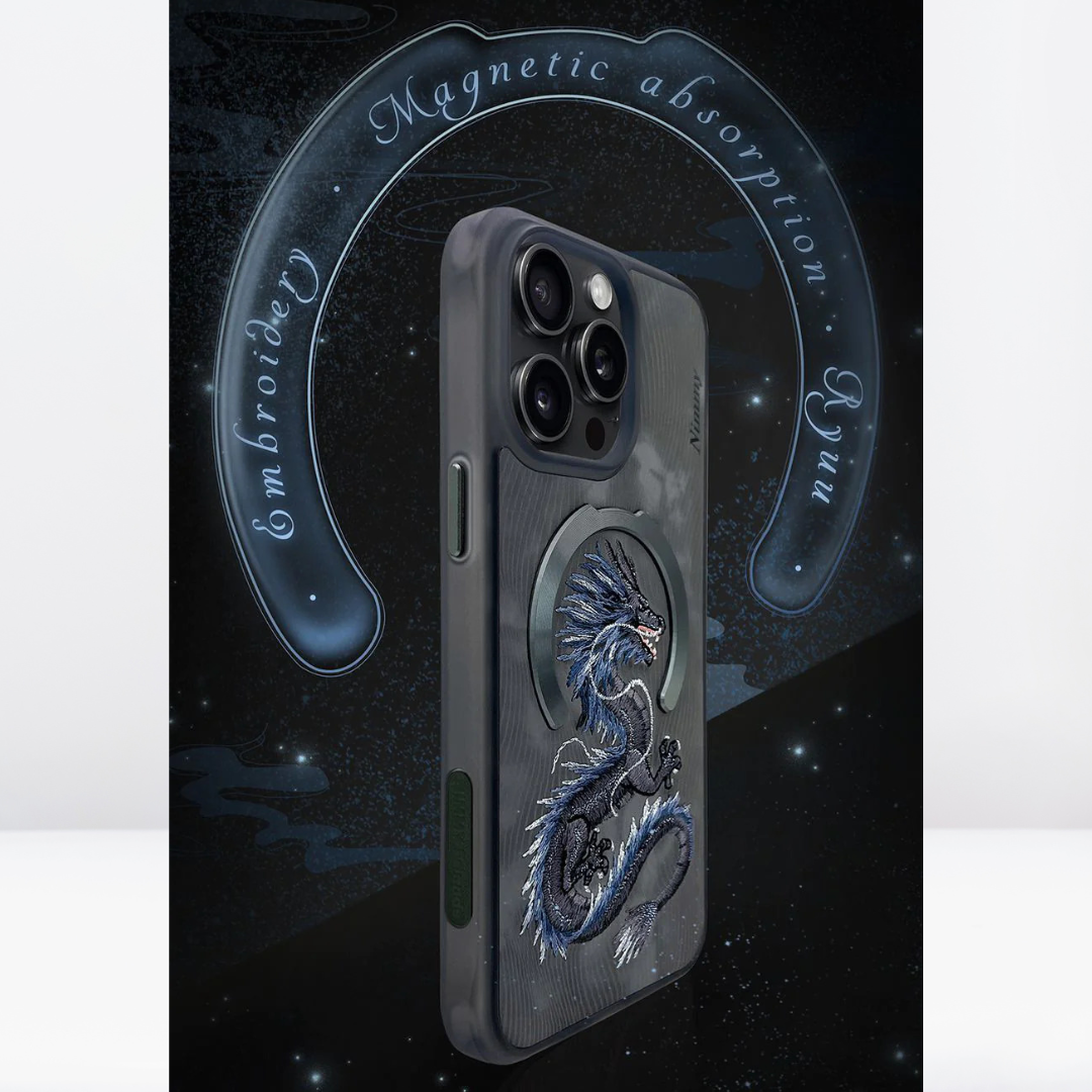 Premium 3D Embroidered Fantasy Animal Series Leather MagSafe Case for iPhone 15 Series( Black Dragon)