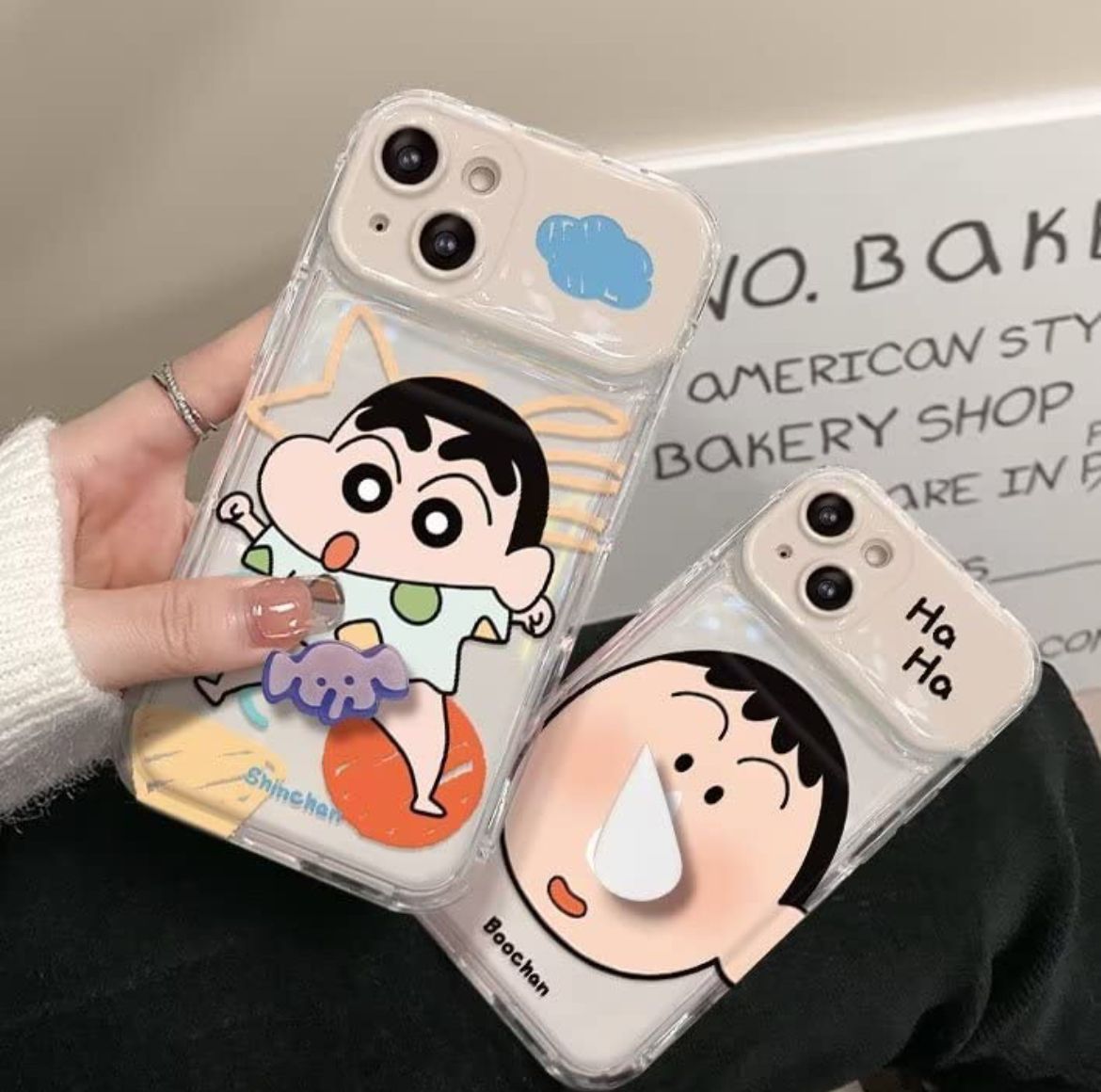 Shinchan Cartoon iPhone Case with Kickstand Mirror & Charm – Soft Silicone Cover