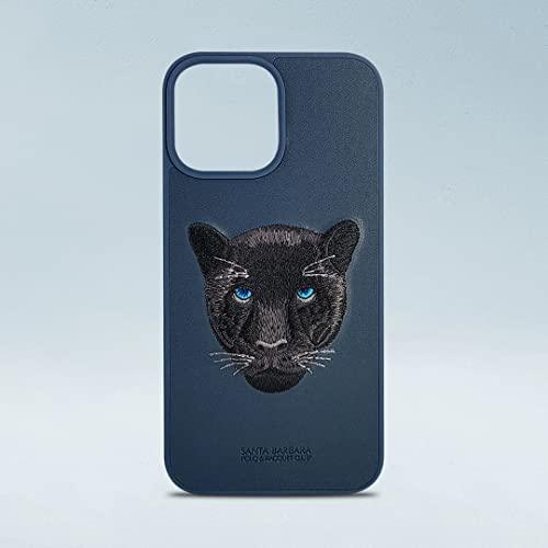 Navy blue phone case featuring embroidered black panther head with striking blue eyes on light background