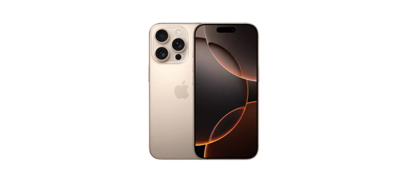 gold Apple iPhone 14 Pro with triple camera and black screen against white background