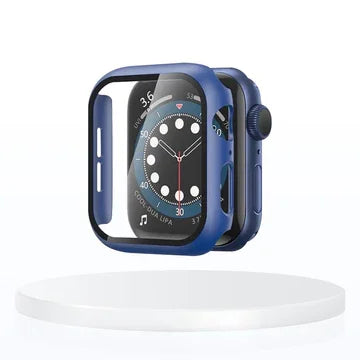 Blue protective case and guard for smartwatch on white display stand