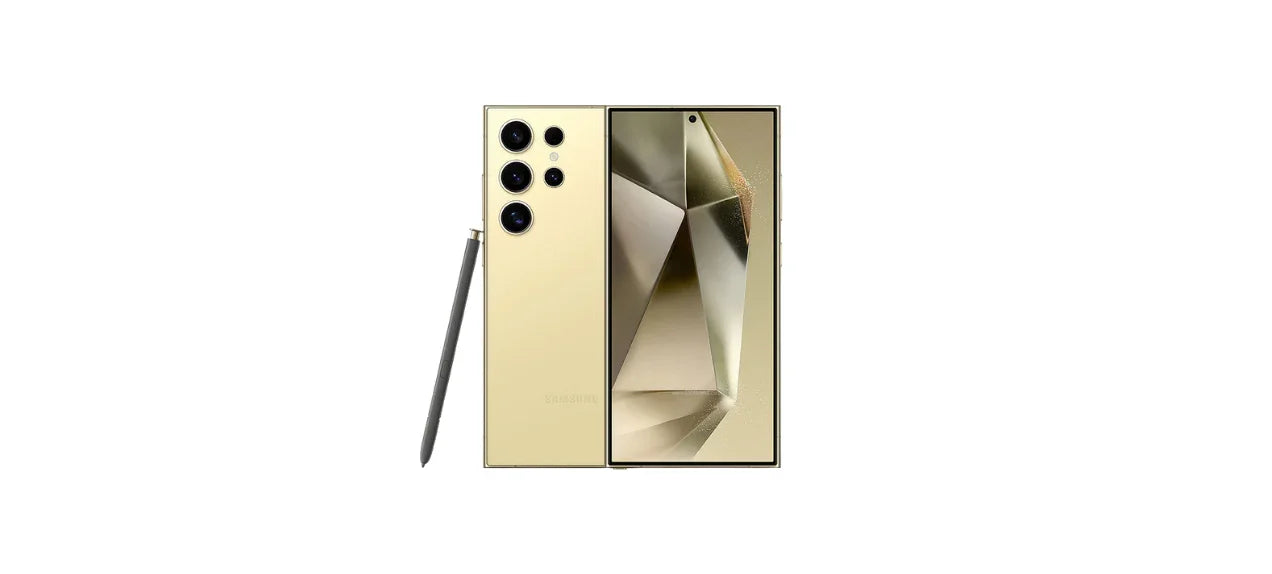 Gold Samsung smartphone with quad rear cameras and black stylus pen on white background