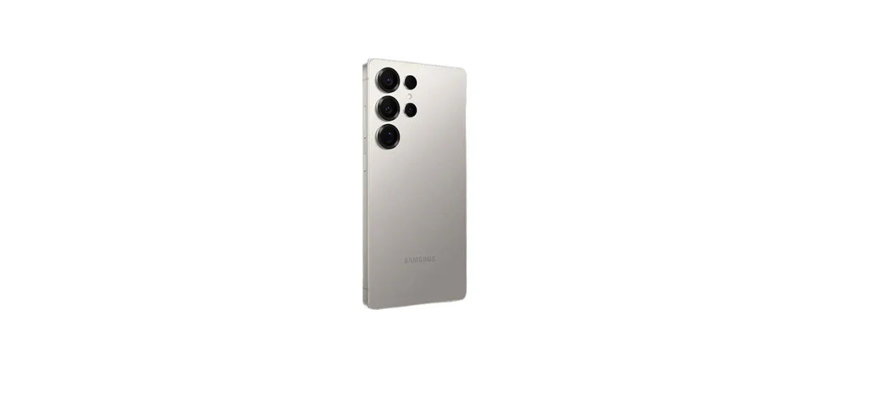Silver Samsung smartphone showing rear triple camera setup on white background