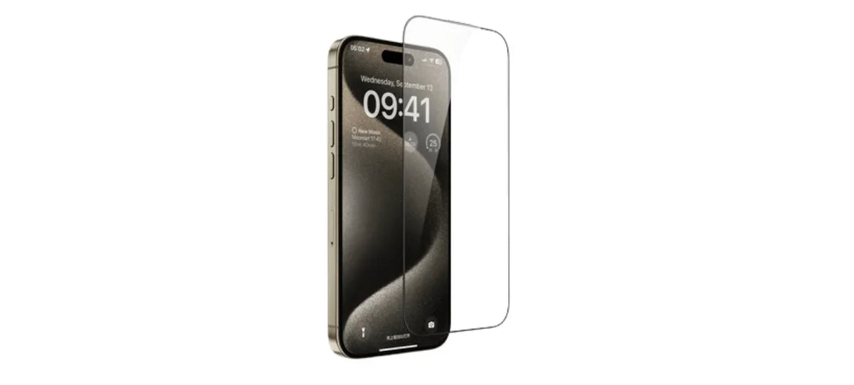Smartphone with edge-to-edge glass screen protector displayed beside it on white background
