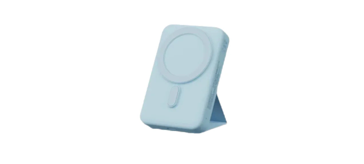 Light blue portable wireless charger with stand and circular magnetic charging pad