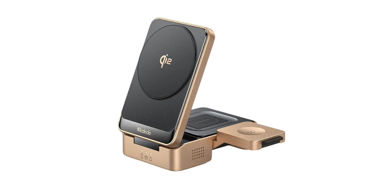 Gold and black Mcdodo wireless charger with foldable phone stand and charging pads