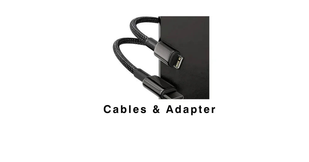 Black braided USB-C to Lightning cable and adapter with white background labeled Cables & Adapter