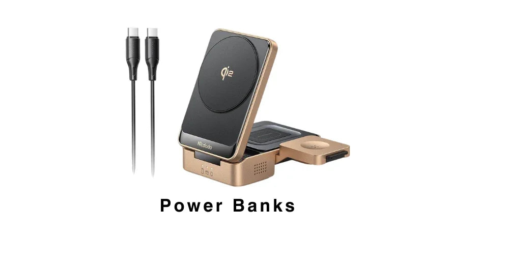 Gold and black wireless power bank with dual USB-C cables and phone charging stand
