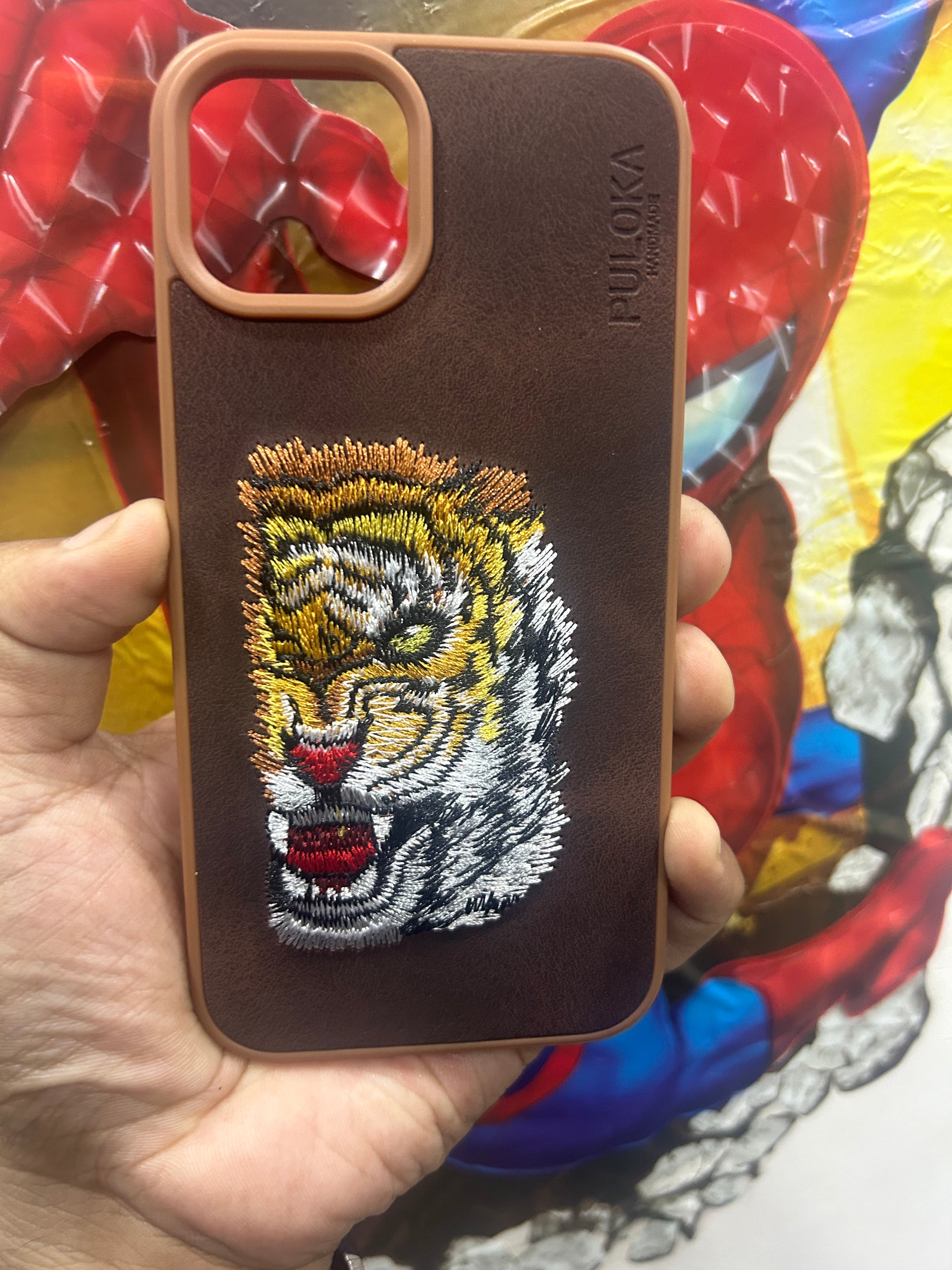 Embroidered Tiger Series Leather Back Case Compatible with iPhone with ring protection