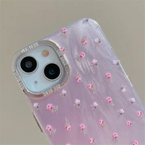 Korean Pink Flower Gradient Case for iPhone with Metal Ring Protection