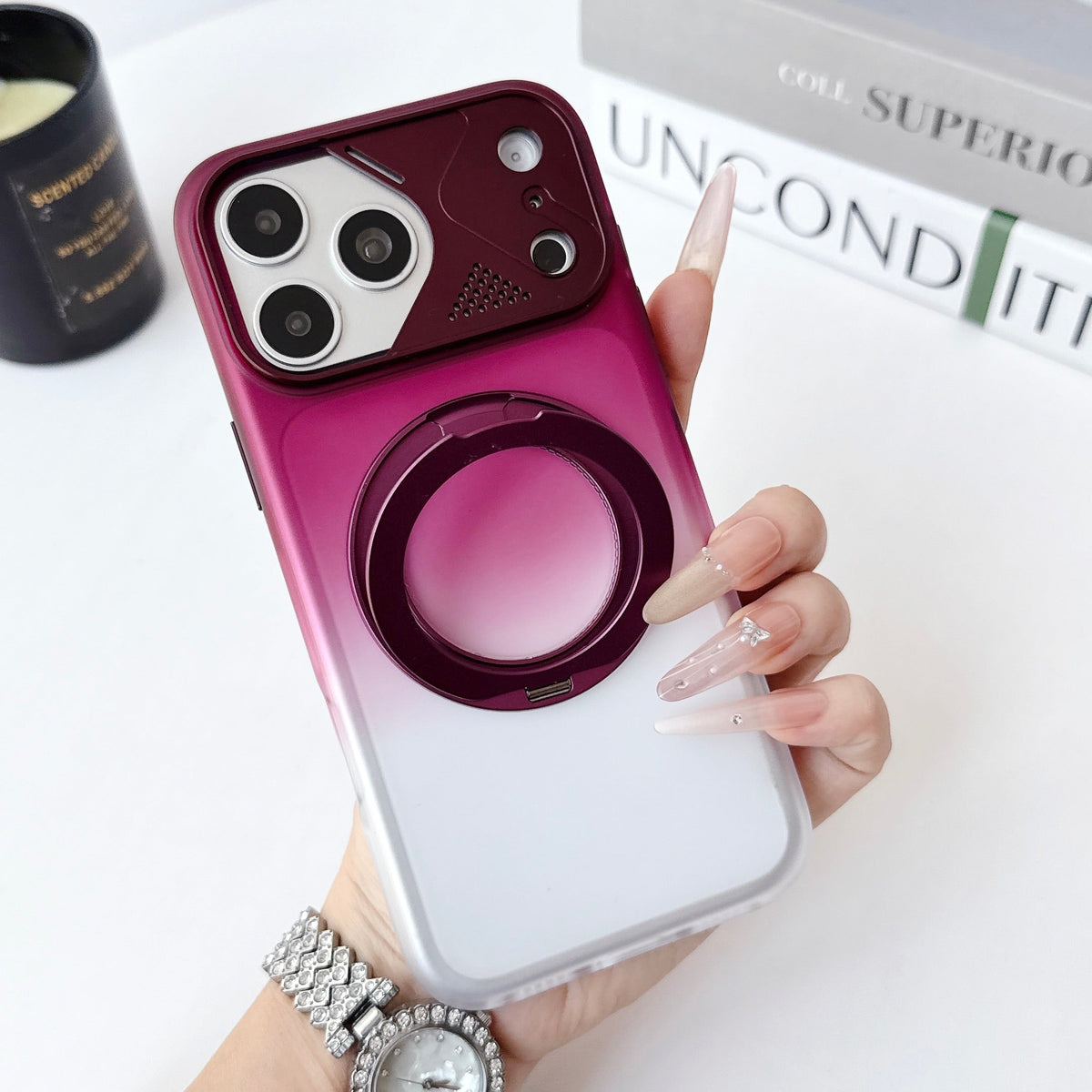 Dual Colour Matte Finish MagSafe 360° Rotating Stand With Metal Camera Cover Hard Case For iPhone 17 Pro Max / 18 Pro Max (Burgundy)