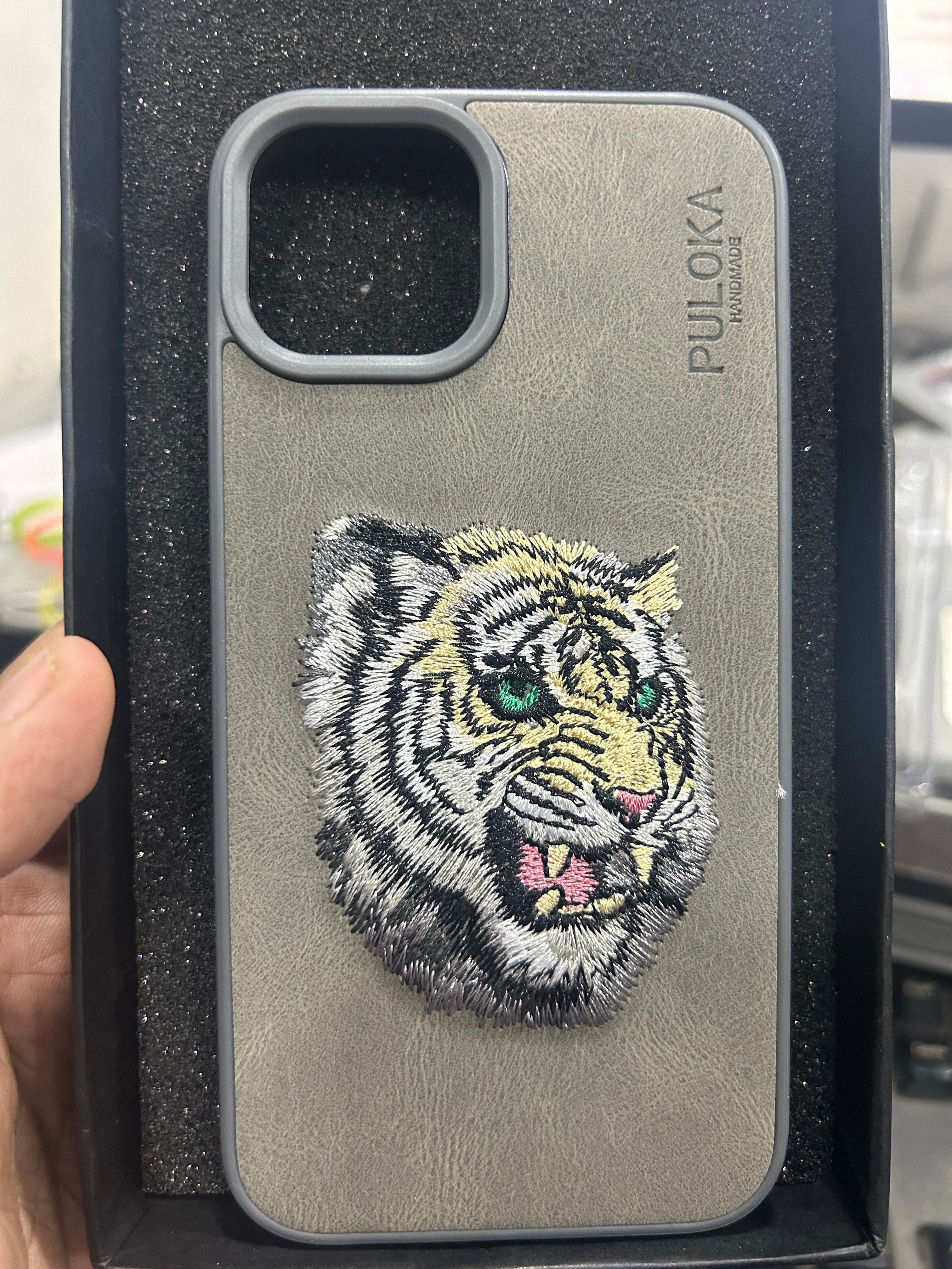 Embroidered Tiger Series Leather Back Case Compatible with iPhone with ring protection