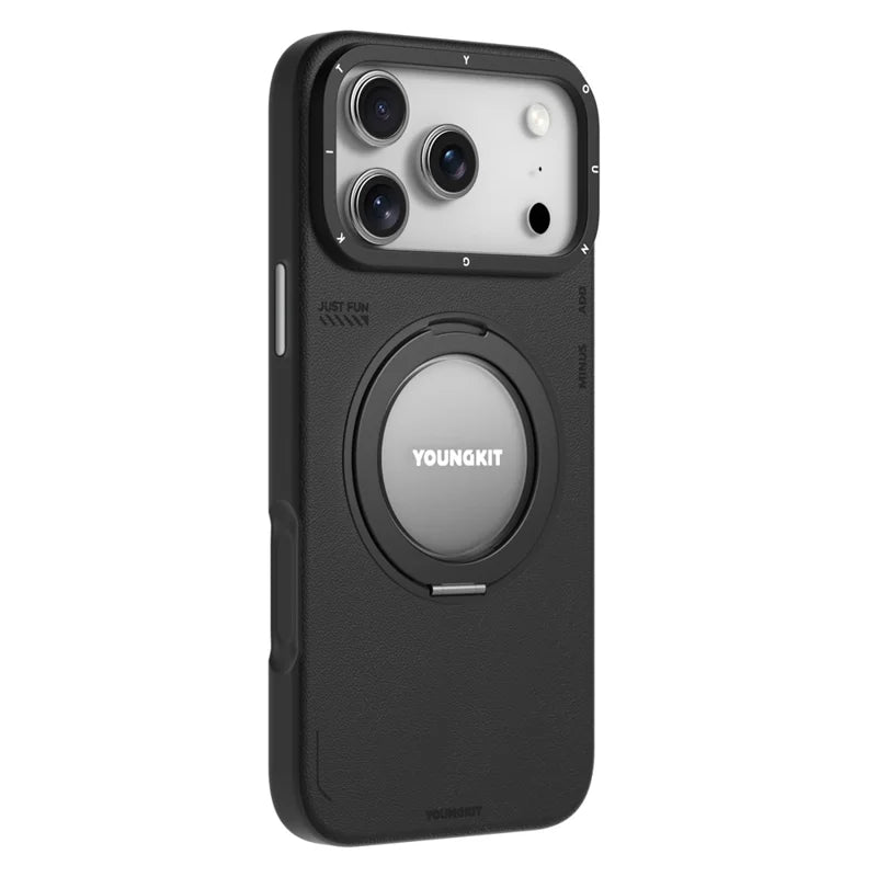 YOUNGKIT Rotating Magsafe Stand Shockproof TPU + PU Leather Phone Back Cover for iPhone 17 Pro - BLACK