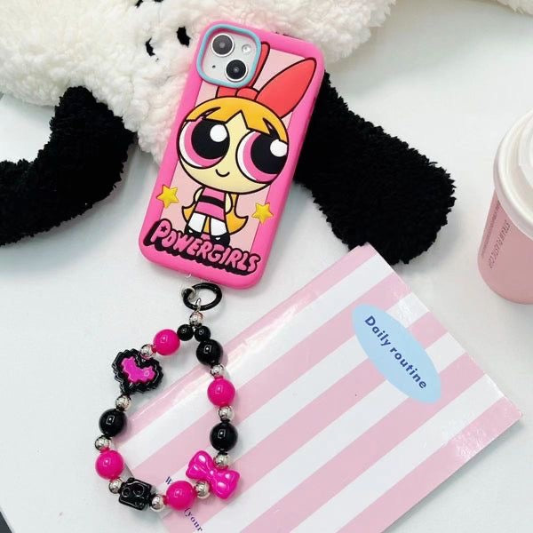Protective Apple iPhone Back Cover - Powerpuff Girls Pink Lanyard Bracelet Rubber iPhone Case For iPhone 15