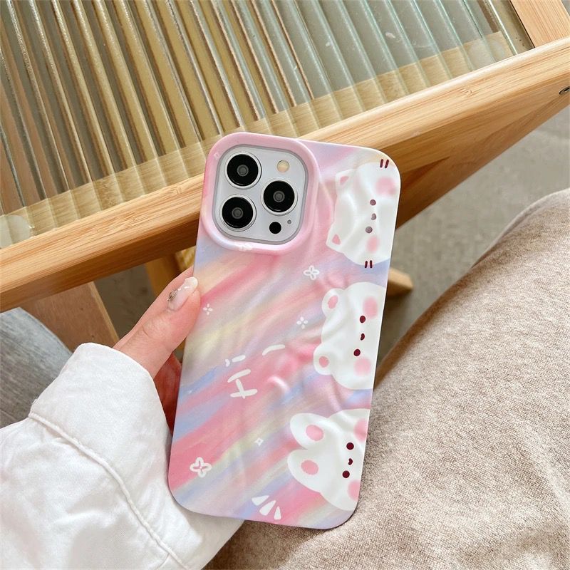 Protective Apple iPhone Back Cover - Pink White Cute Cartoon Colorful Aesthetic Textured iPhone Soft Silicone Case