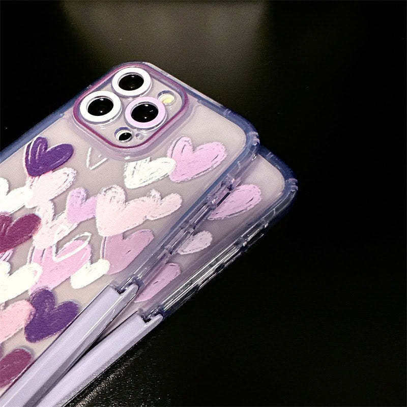 Protective Apple iPhone Back Cover - Hearts Purple Holder Stand Semi-Transparent iPhone Case - Style 10