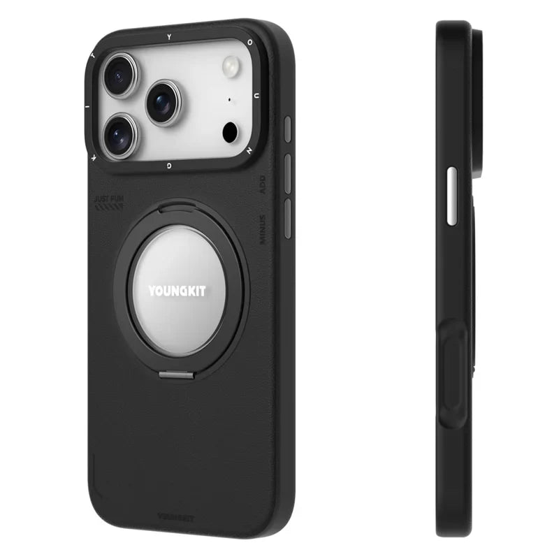 YOUNGKIT Rotating Magsafe Stand Shockproof TPU + PU Leather Phone Back Cover for iPhone 17 ProMax / 18 Pro Max - BLACK
