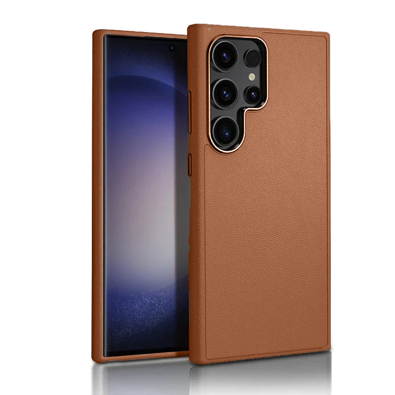 Samsung Galaxy S25 Ultra Vegan Leather Protection Case with Metal Camera Bumper - Brown Mobile Case by CoverMeUp