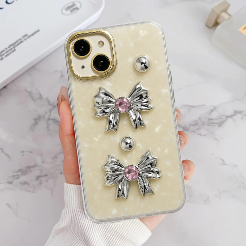 Elegant Bow Accent TPU iPhone Case with Pearl Gloss Finish & Metal Ring Protection