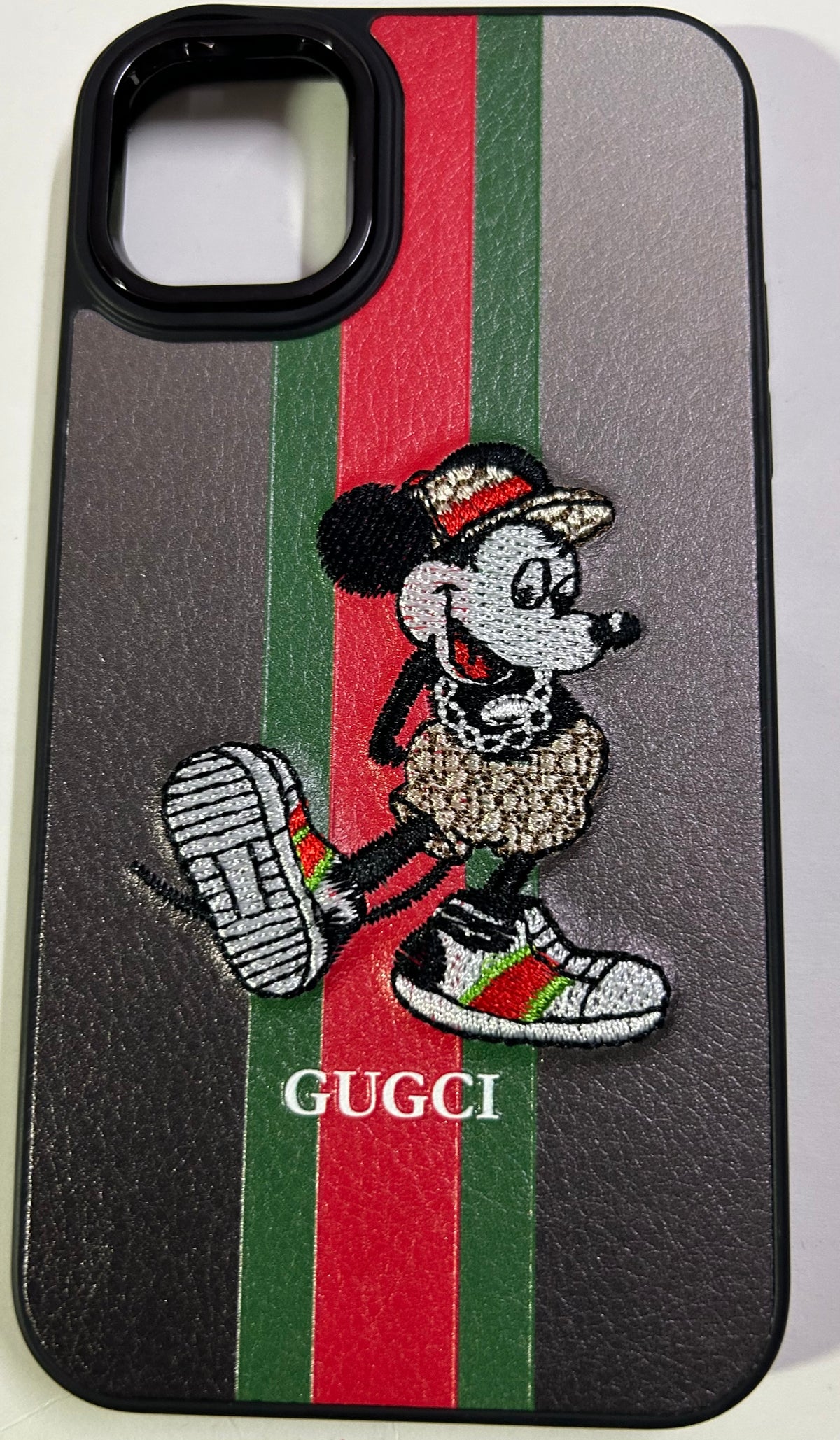 Embroidered Cute Art Leather Back Case Cartoon Character for iPhone with Metal Ring Protection