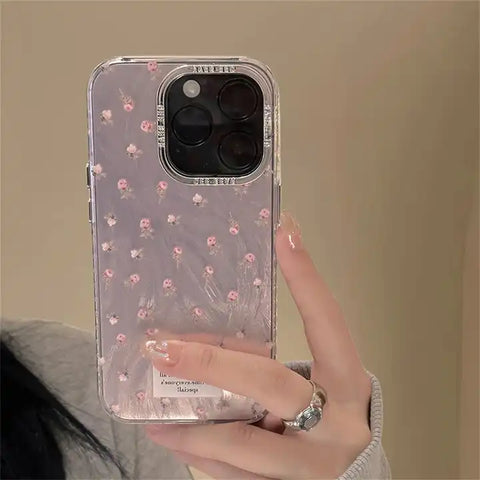 Korean Pink Flower Gradient Case for iPhone with Metal Ring Protection