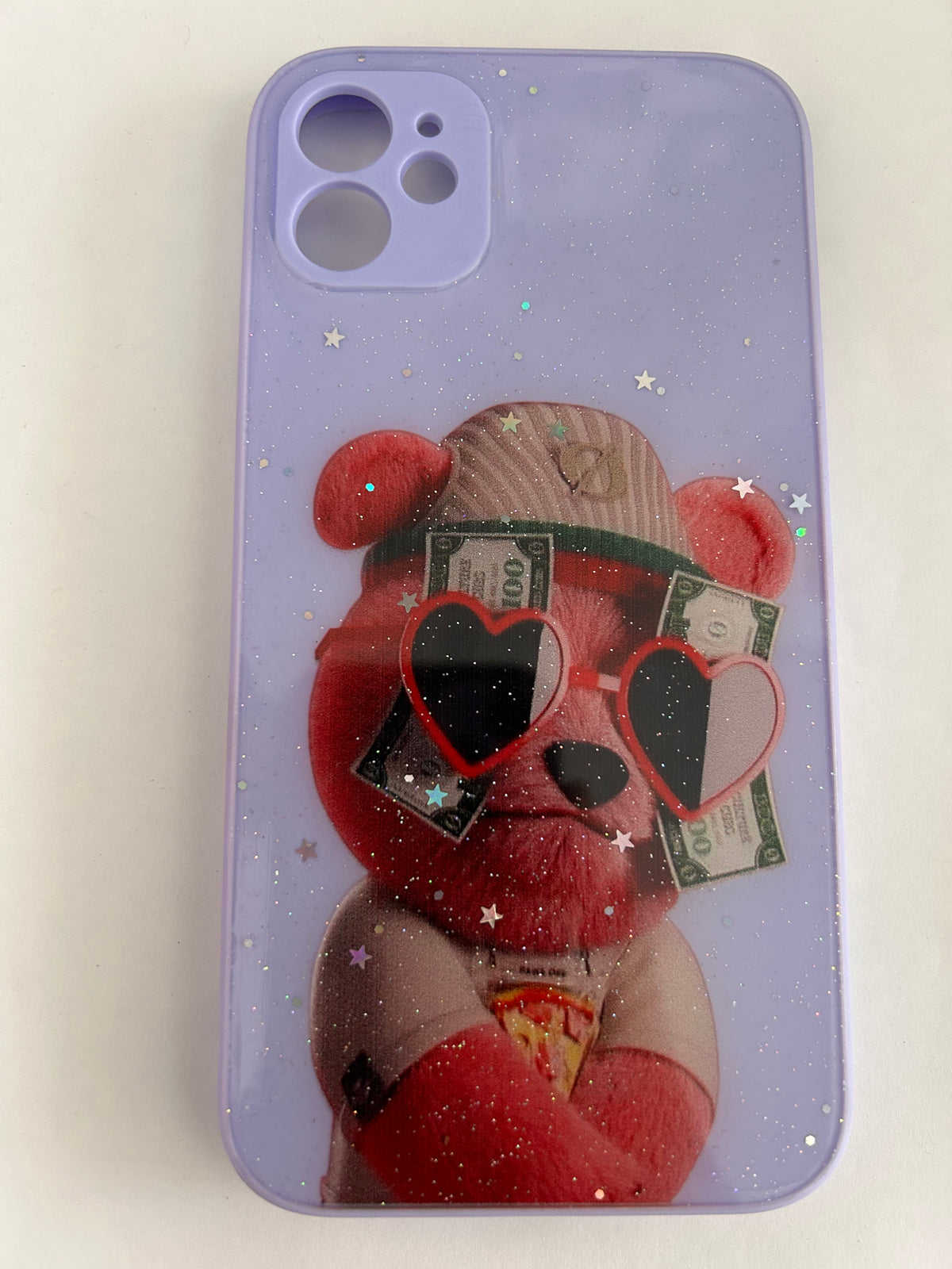 Glitter Printed Animal Teddy Bear Silicon Hard Case for iPhone Purple Color