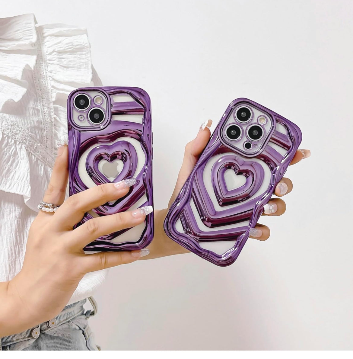 Clear Cute 3D Love Heart Pattern Purple Glitter Bling Soft Silicone Shockproof Girls Women Case for iPhone