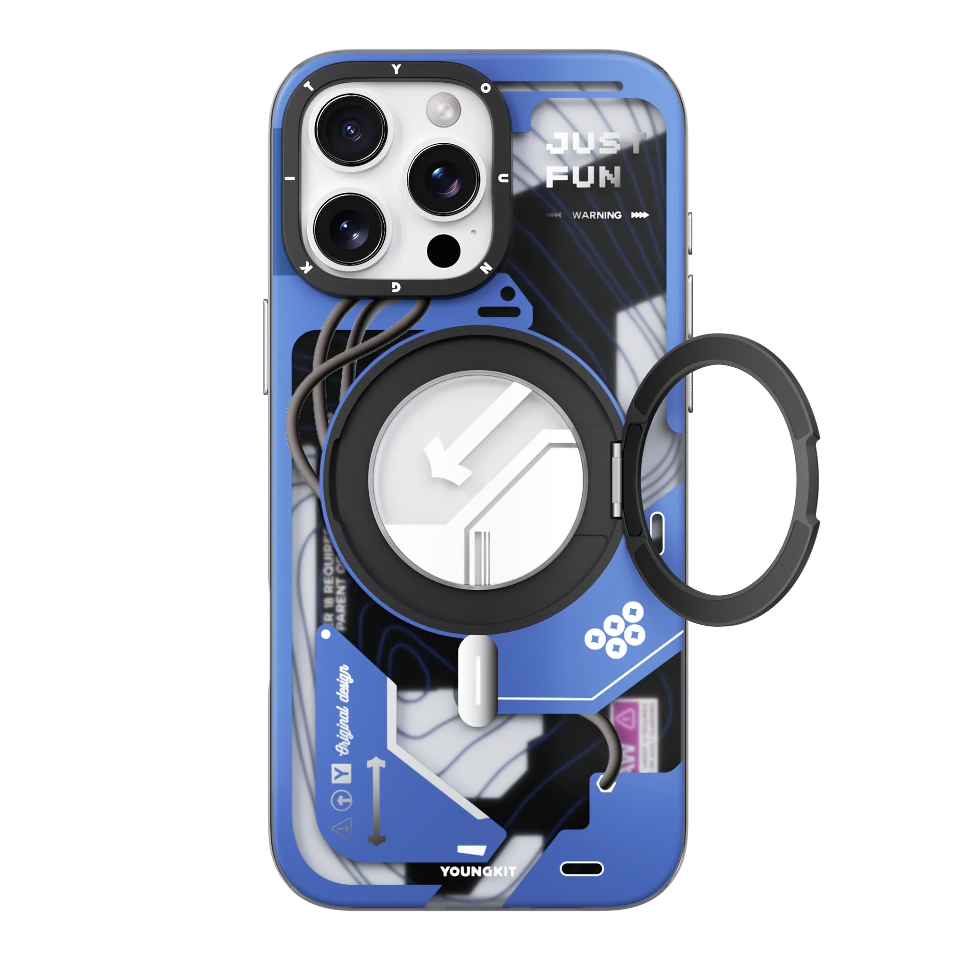 YOUNGKIT Cyberpunk 360° Rotation Ring Stand Case for iPhone 16 Pro Max (Blue)