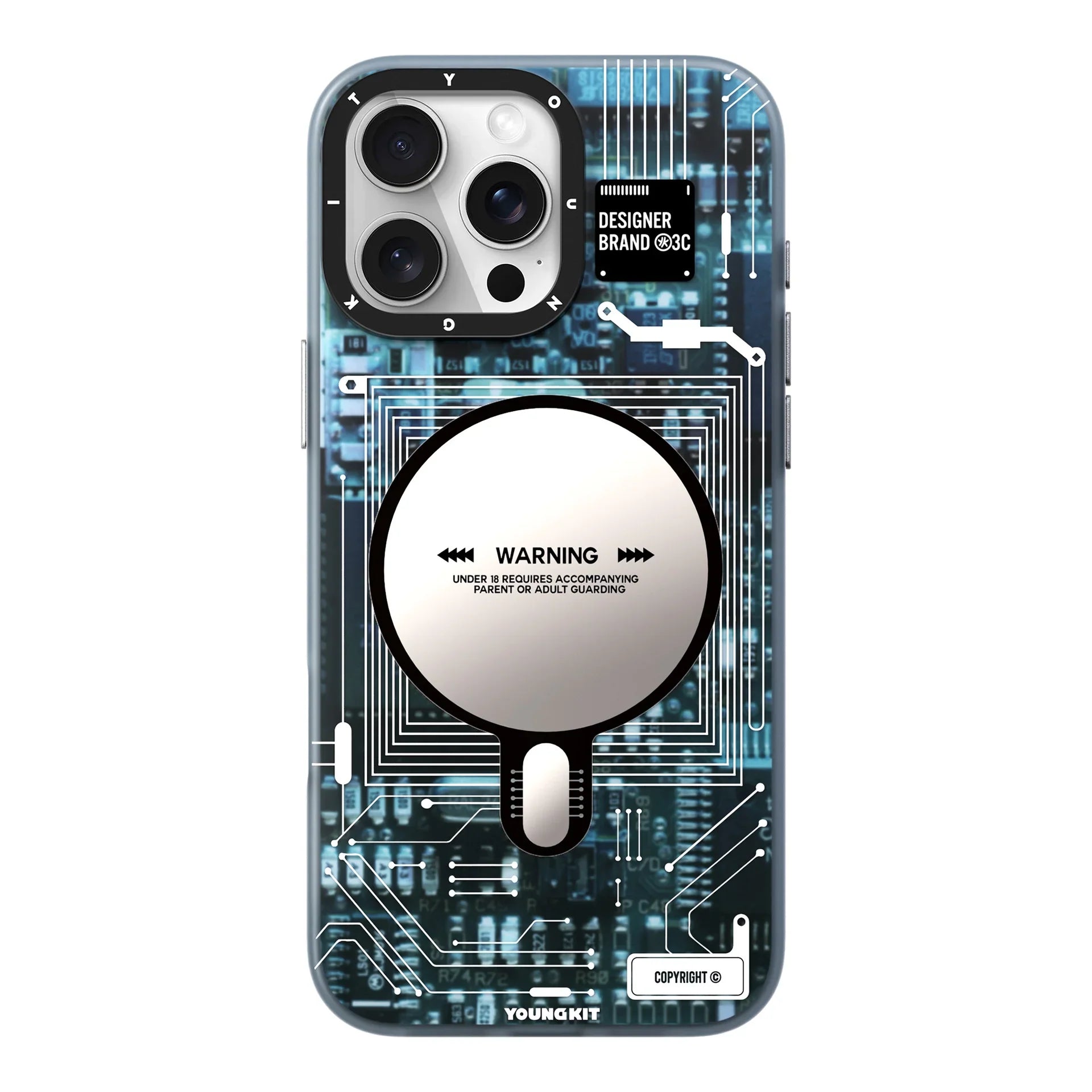 Protective Apple iPhone Back Cover - YOUNGKIT Futuristic Circuit Board Magsafe Case for iPhone 16 Pro (Blue)