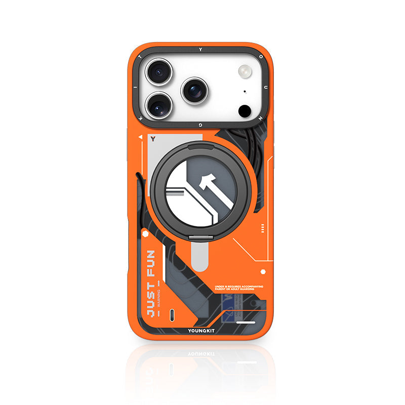 YOUNGKIT Cyberpunk 360° Rotation Ring Stand Case for iPhone 17 Pro Max (ORANGE)