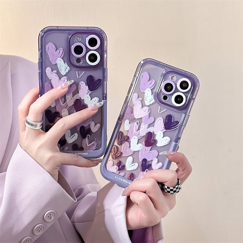 Protective Apple iPhone Back Cover - Hearts Purple Holder Stand Semi-Transparent iPhone Case - Style 2