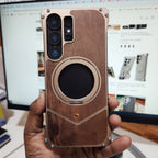 Samsung Galaxy S25 Ultra Wooden Metal Bumper Case with Magsafe & Ring - Brown Mobile Case by CoverMeUp - Style 3