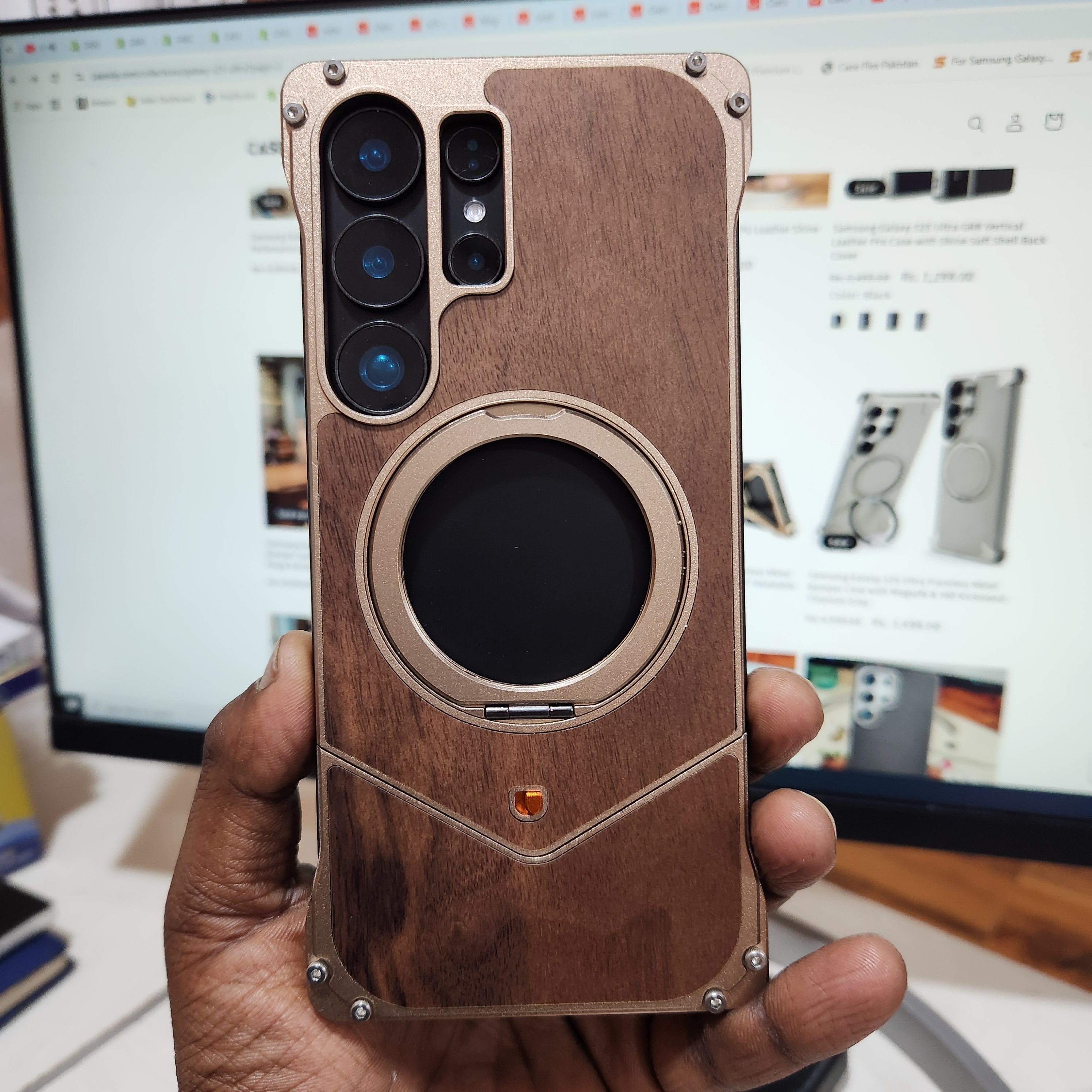 Samsung Galaxy S25 Ultra Wooden Metal Bumper Case with Magsafe & Ring - Brown Mobile Case by CoverMeUp - Style 3