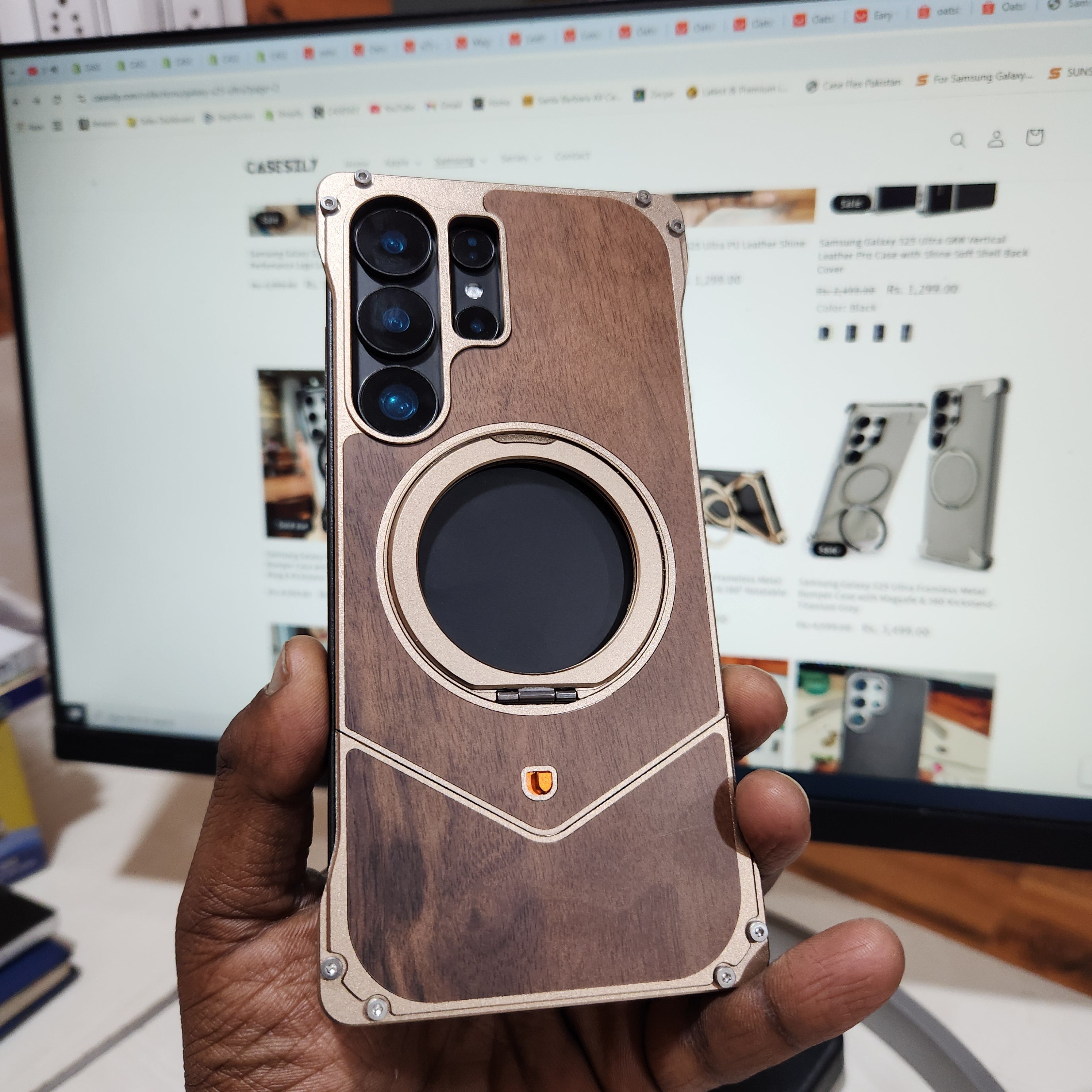 Samsung Galaxy S25 Ultra Wooden Metal Bumper Case with Magsafe & Ring - Brown Mobile Case by CoverMeUp - Style 4