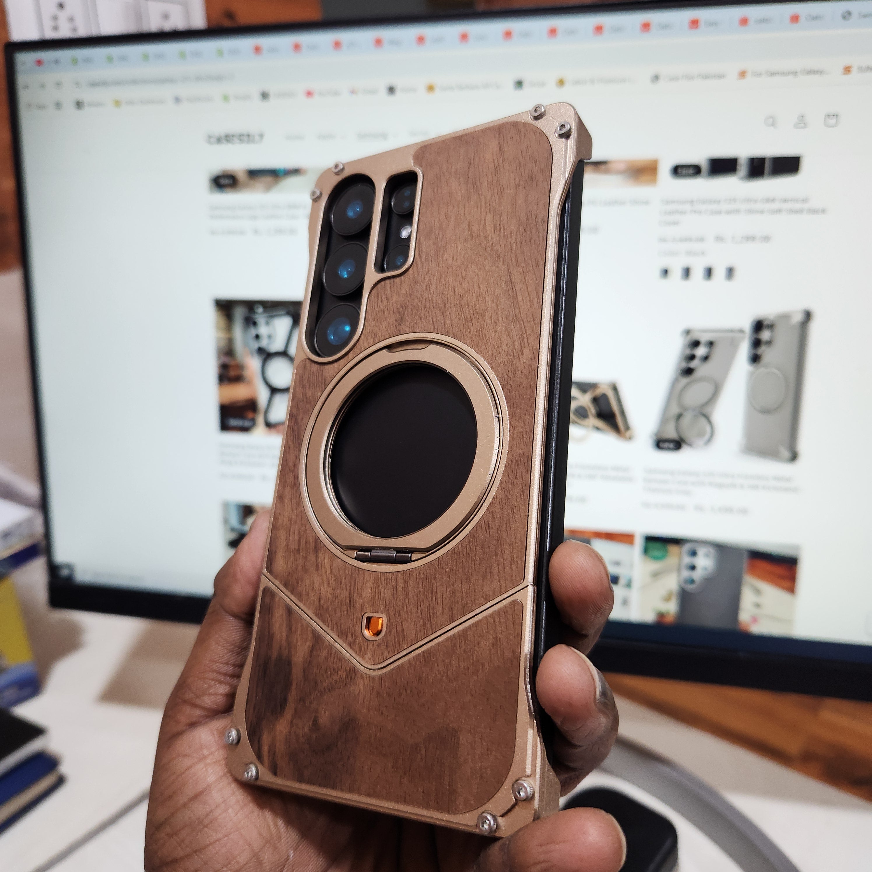 Samsung Galaxy S25 Ultra Wooden Metal Bumper Case with Magsafe & Ring - Brown Mobile Case by CoverMeUp - Style 5