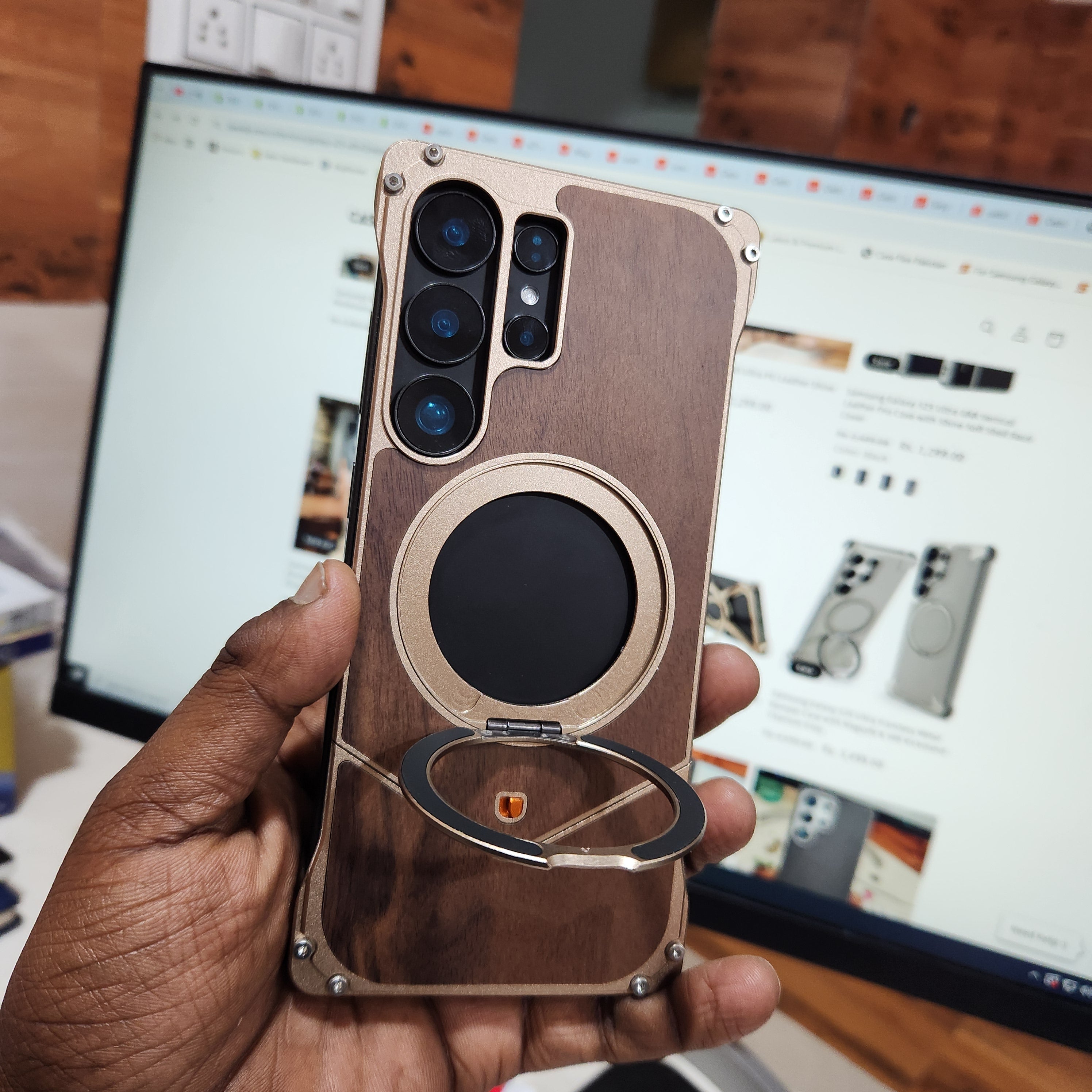 Samsung Galaxy S25 Ultra Wooden Metal Bumper Case with Magsafe & Ring - Brown Mobile Case by CoverMeUp - Style 6