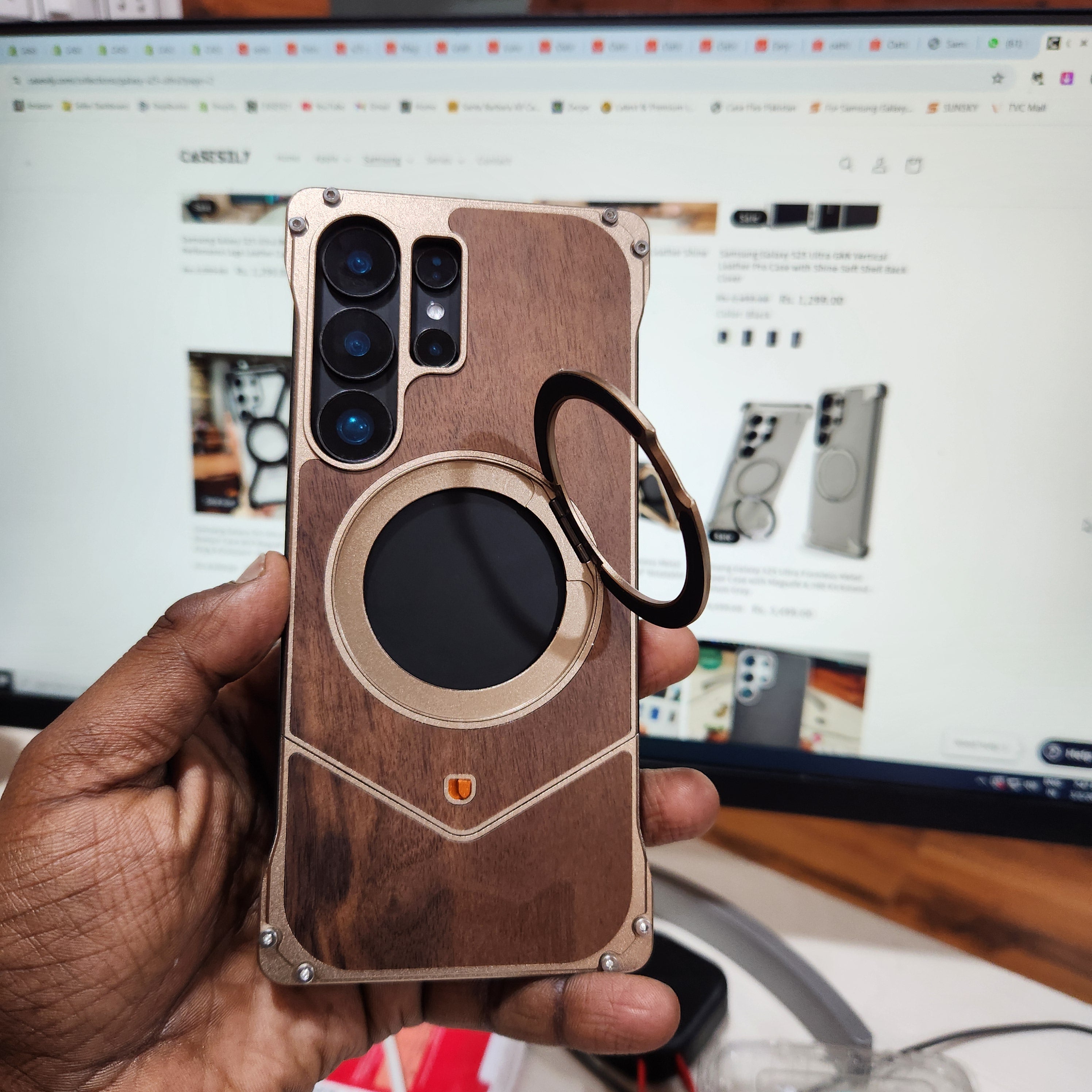 Samsung Galaxy S25 Ultra Wooden Metal Bumper Case with Magsafe & Ring - Brown Mobile Case by CoverMeUp - Style 7