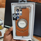 Samsung Galaxy S25 Ultra Leather Metal Bumper Case with Magsafe & Stand - Brown Mobile Case by CoverMeUp - Style 6