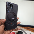 Samsung Galaxy S25 Ultra Leather Metal Bumper Case with Magsafe & Stand - Black Mobile Case by CoverMeUp - Style 5