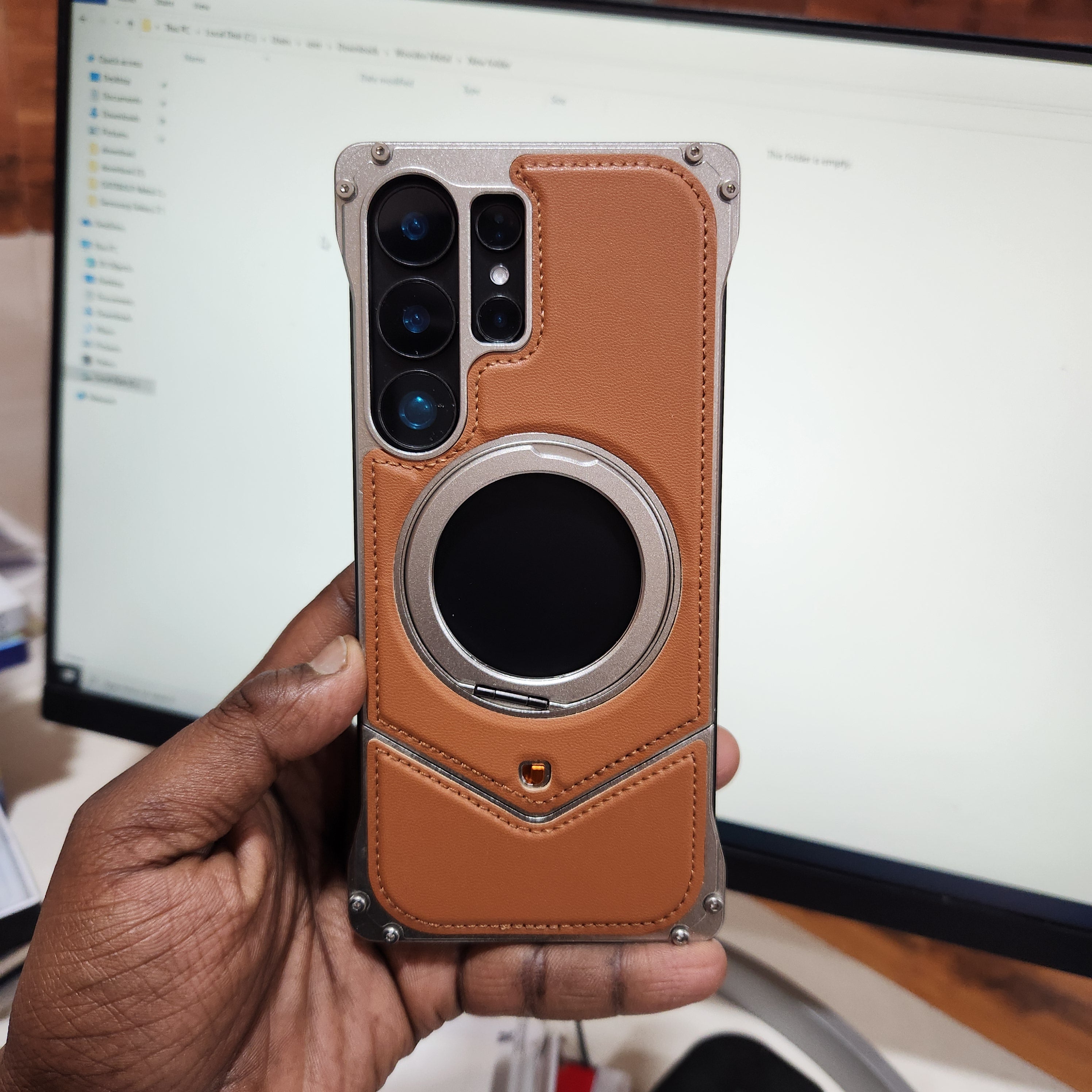 Samsung Galaxy S25 Ultra Leather Metal Bumper Case with Magsafe & Stand - Brown Mobile Case by CoverMeUp - Style 2