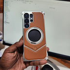 Samsung Galaxy S25 Ultra Leather Metal Bumper Case with Magsafe & Stand - Brown Mobile Case by CoverMeUp - Style 3