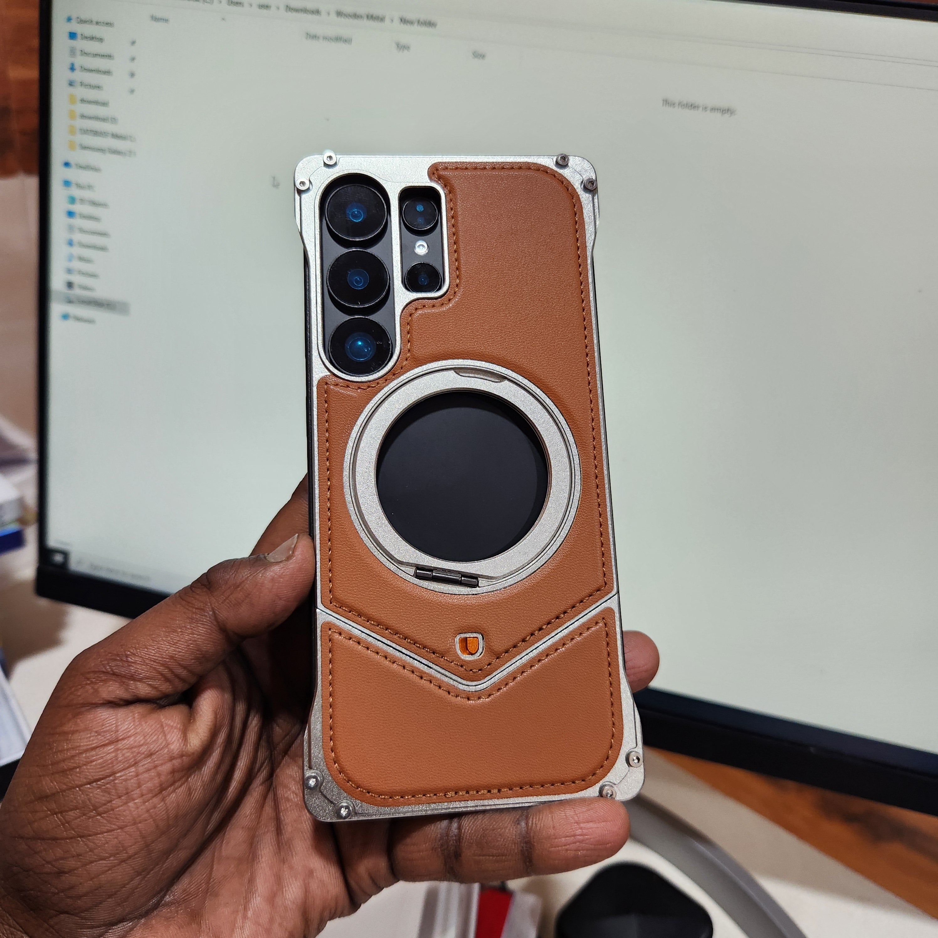 Samsung Galaxy S25 Ultra Leather Metal Bumper Case with Magsafe & Stand - Brown Mobile Case by CoverMeUp - Style 3