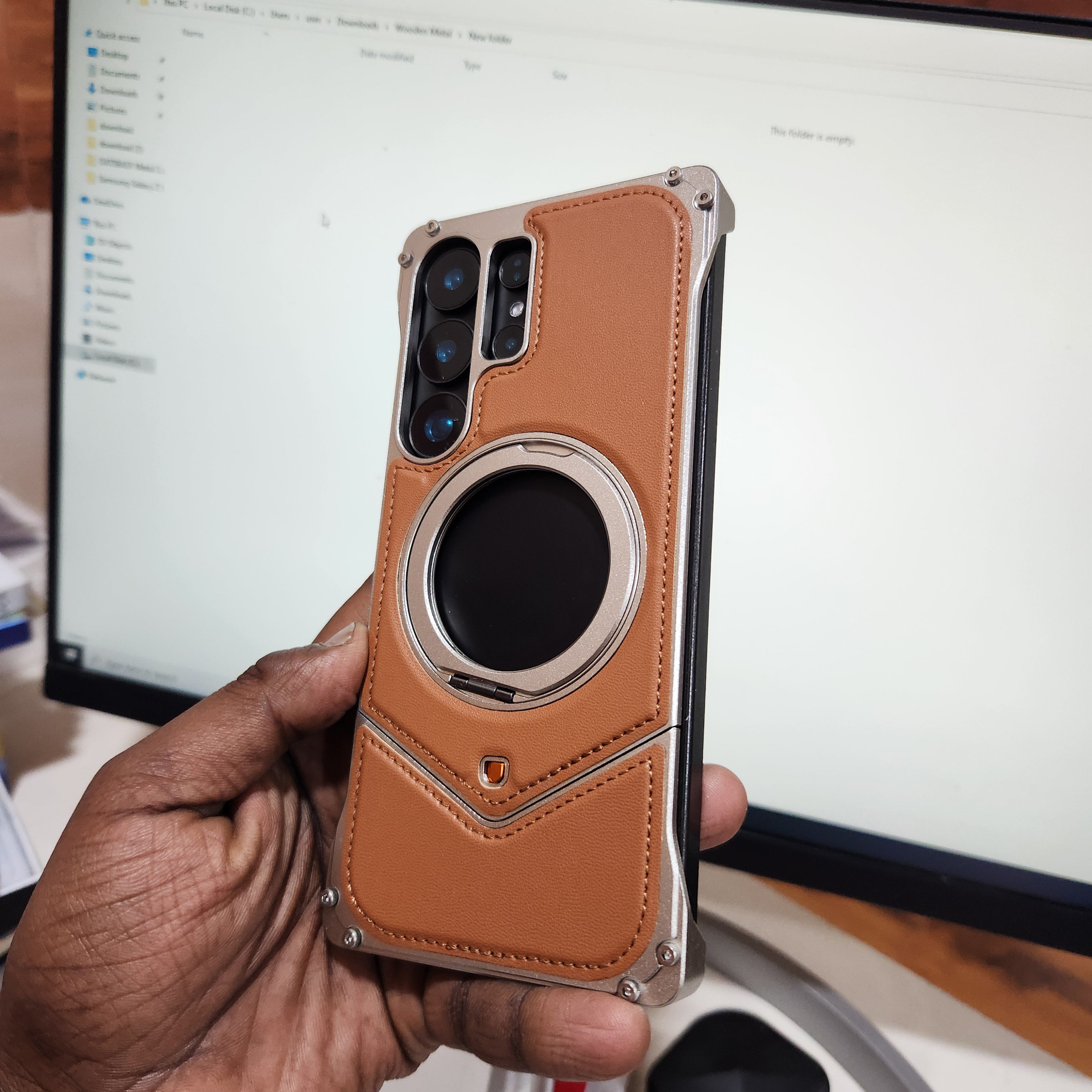 Samsung Galaxy S25 Ultra Leather Metal Bumper Case with Magsafe & Stand - Brown Mobile Case by CoverMeUp - Style 4