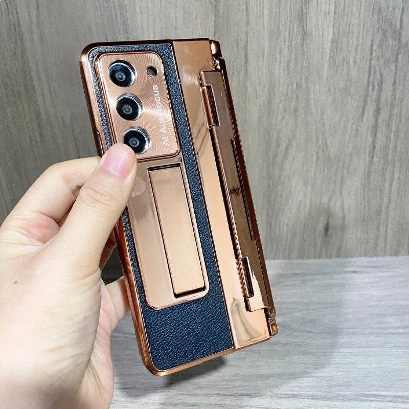 Galaxy Z Fold Series Elegant Plating Leather Stand Case Mobile Case by CoverMeUp - Style 6