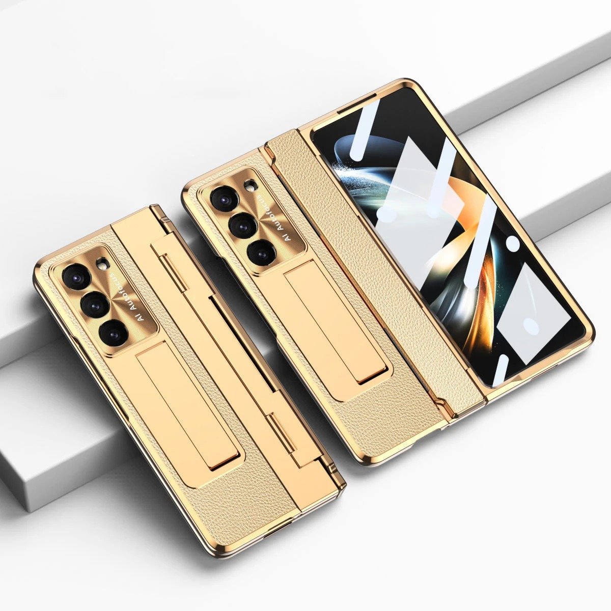 Galaxy Z Fold Series Elegant Plating Leather Stand Case Mobile Case by CoverMeUp - Style 9